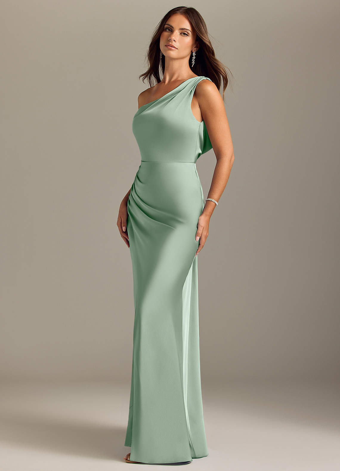 Azazie Madelyn At-home Try On Dresses Agave Mermaid Off the Shoulder Stretch Satin Convertible Dress image2