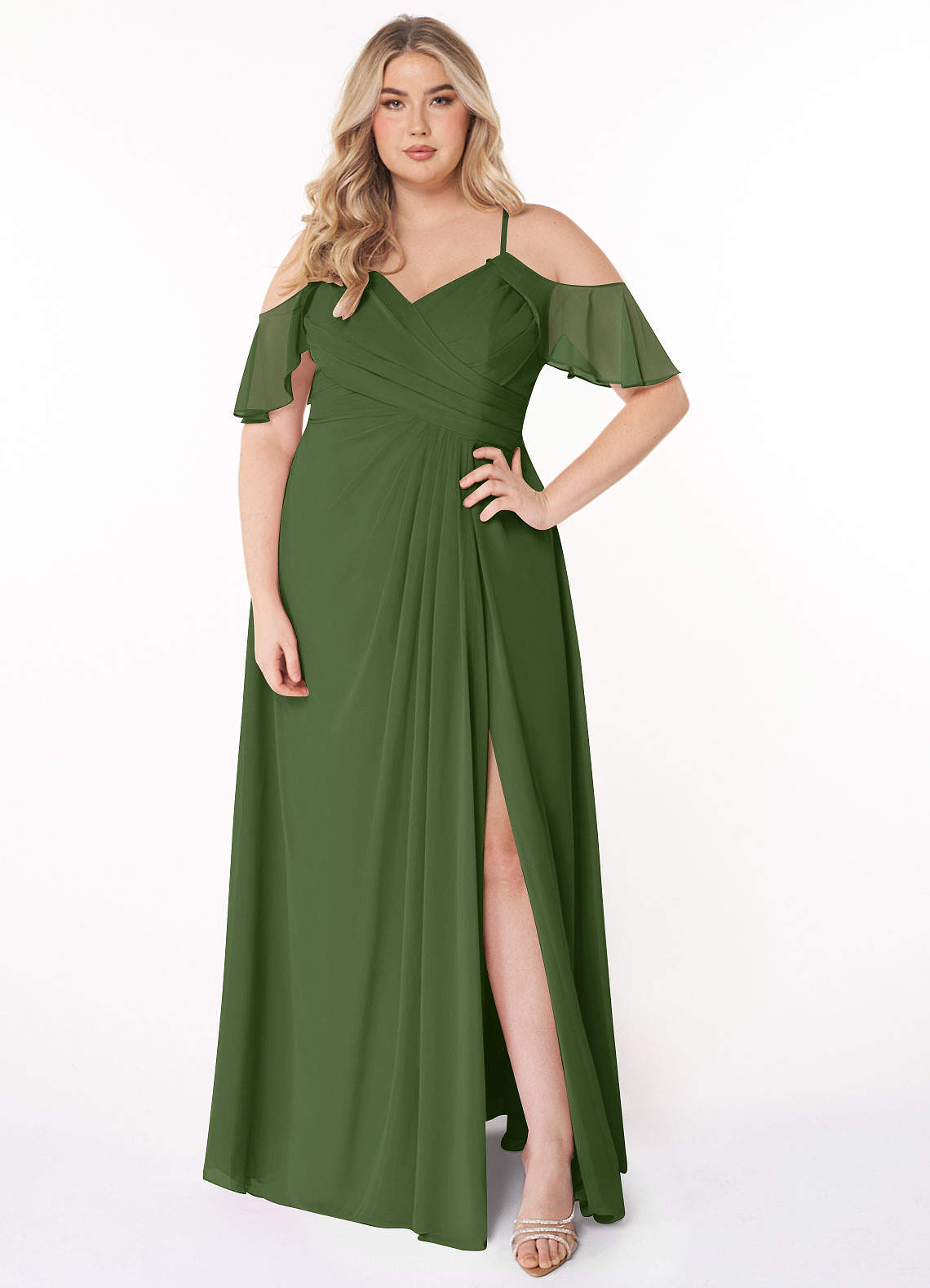 Azazie Dakota Bridesmaid Dresses Olive A-Line V-Neck Pleated Chiffon Dress image1