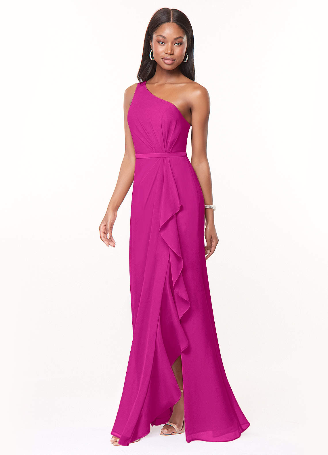 Azazie Liza Vestidos de damas de honor Vestido de Fucsia de Gasa de Corte Sirena con Hombro unilateral image1