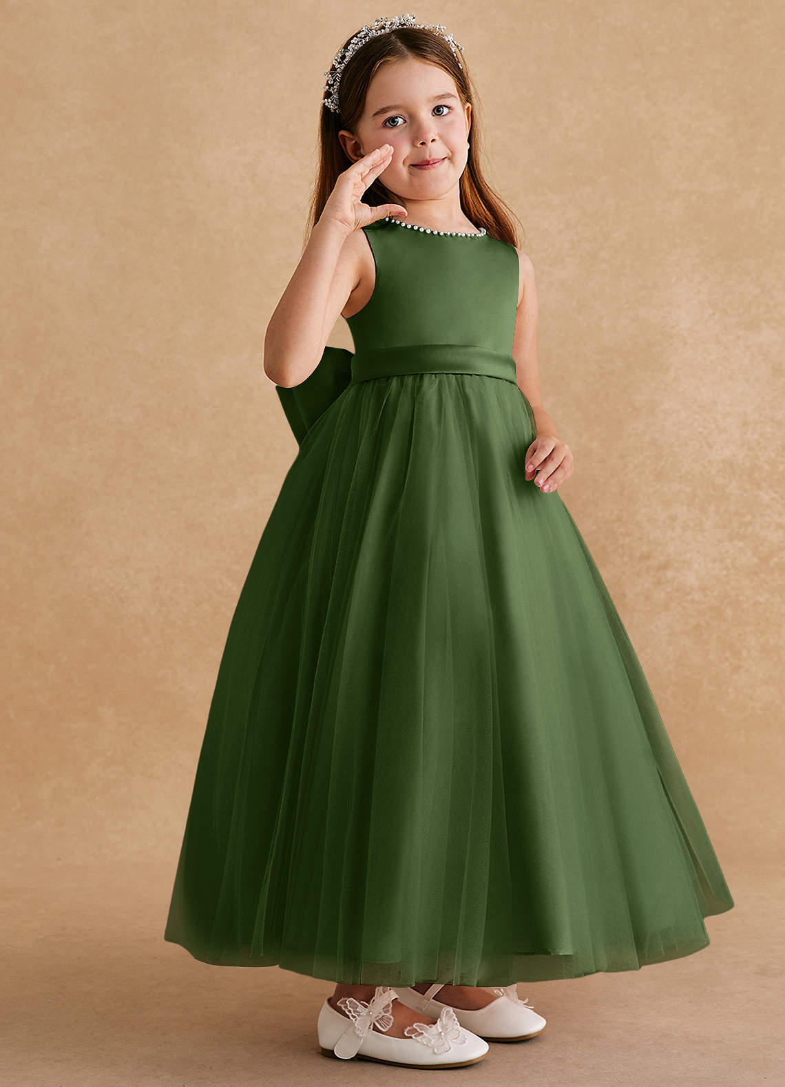 Azazie Cookie Flower Girl Dresses Olive A-Line Bow Tulle Dress image1