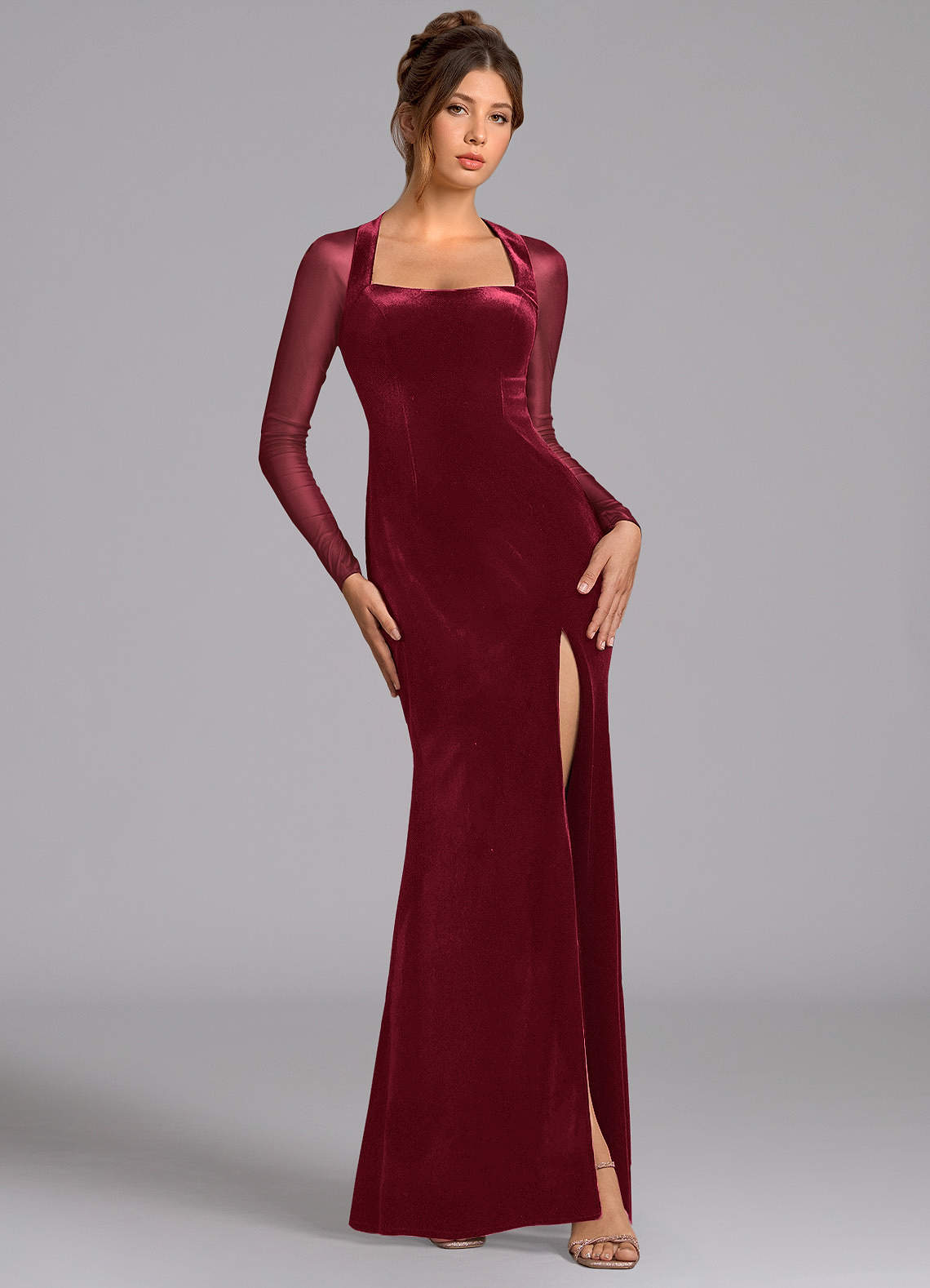 Azazie Megan At-home Try On Dresses Burgundy Mermaid Long Sleeve Mesh Dress image1