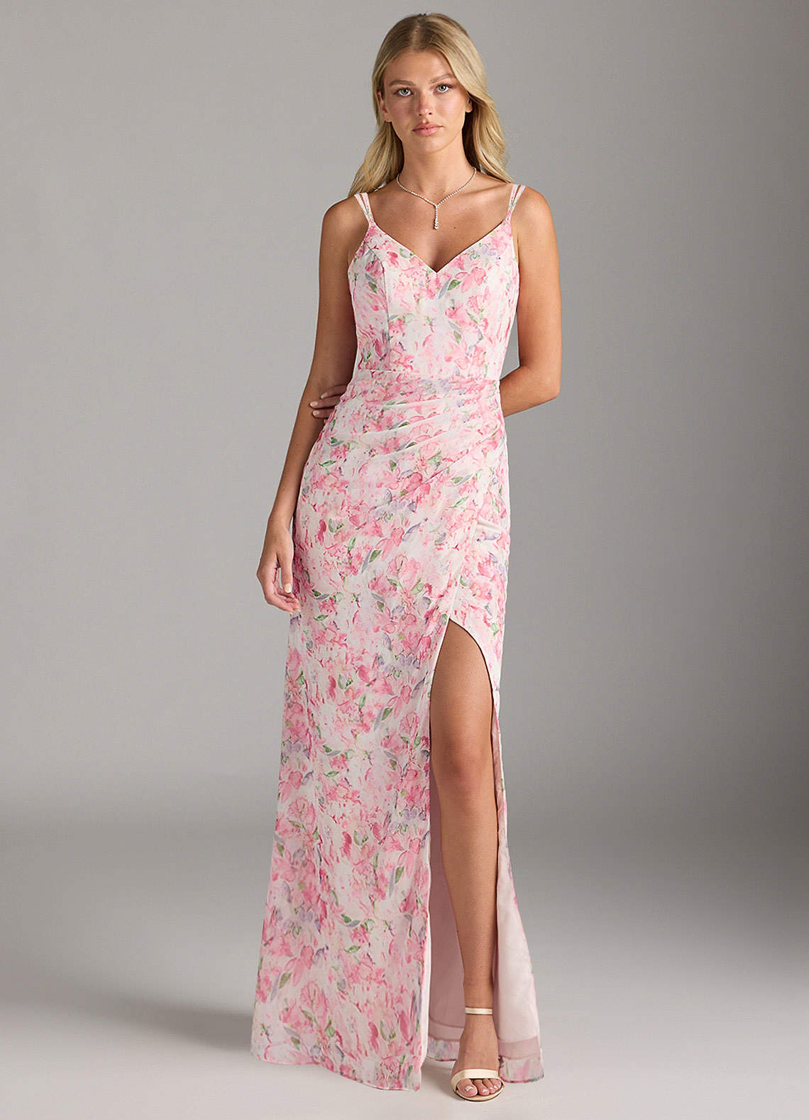 Azazie Leo Bridesmaid Dresses Abstract Watercolor Floral Mermaid V-Neck Pleated Chiffon Dress image1