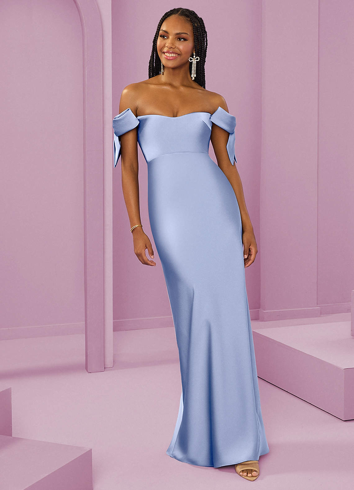 Barbie ♥ Azazie Bridesmaid Dresses Ice Sheath Off the Shoulder Stretch Satin Convertible Dress image3