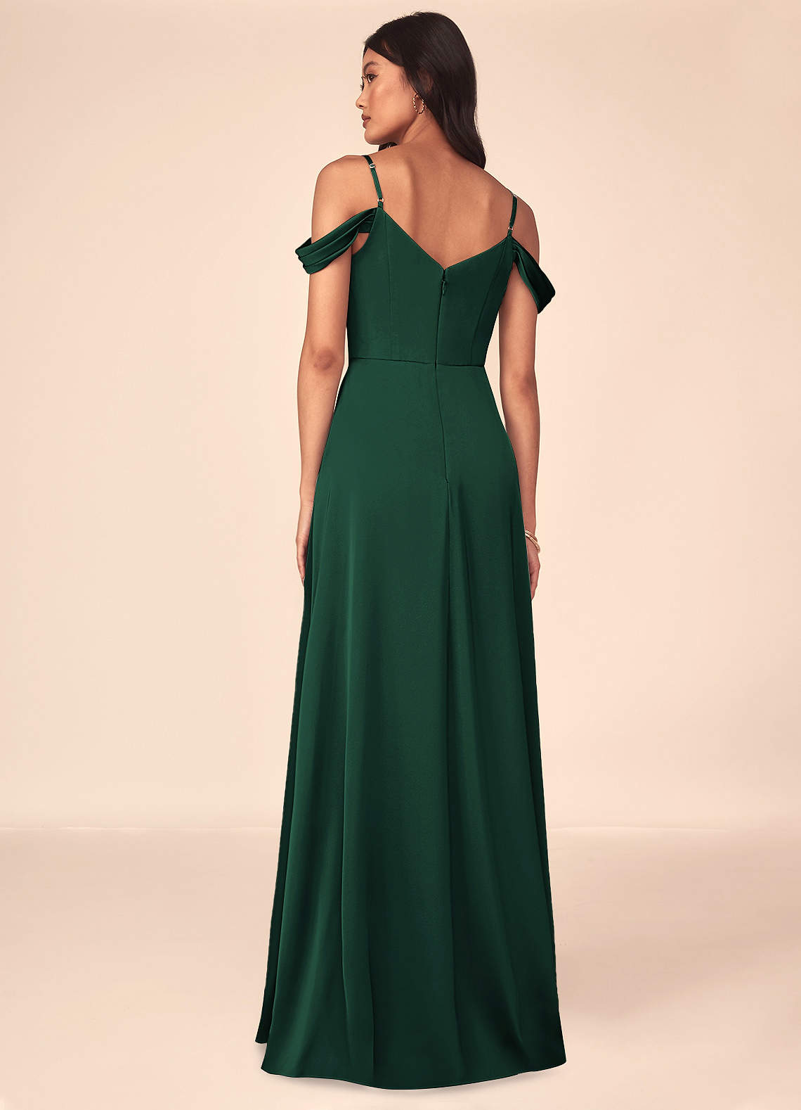 deep sea green bridesmaid dresses Azazie Ocean Dark Stretch Satin Taupe Off-The-Shoulder Bridesmaid Dresses