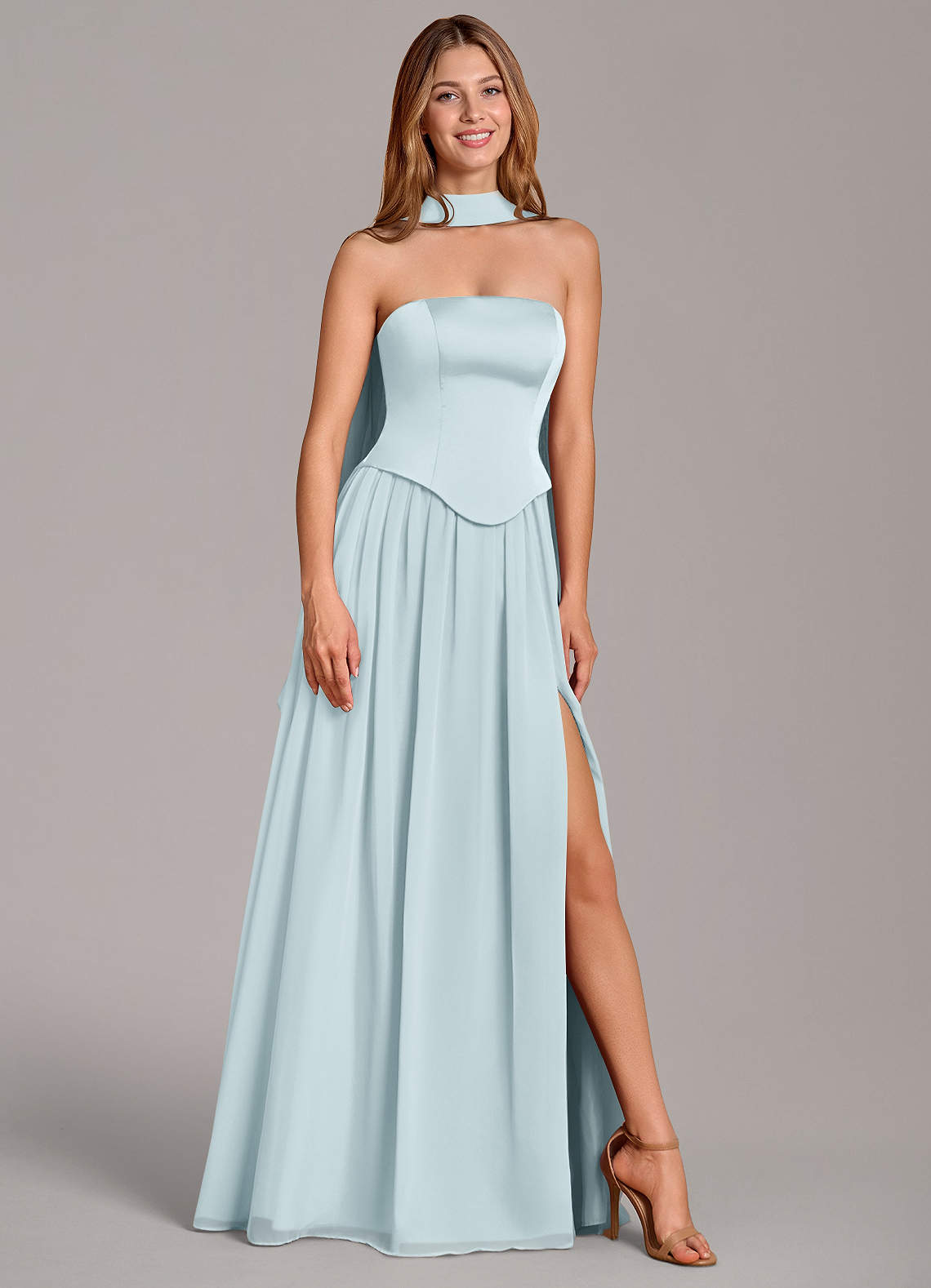 Azazie Cadence Brautjungfernkleider Wandelbar A-Linie Korsett Stretch-Satin Kleid Nebel image1