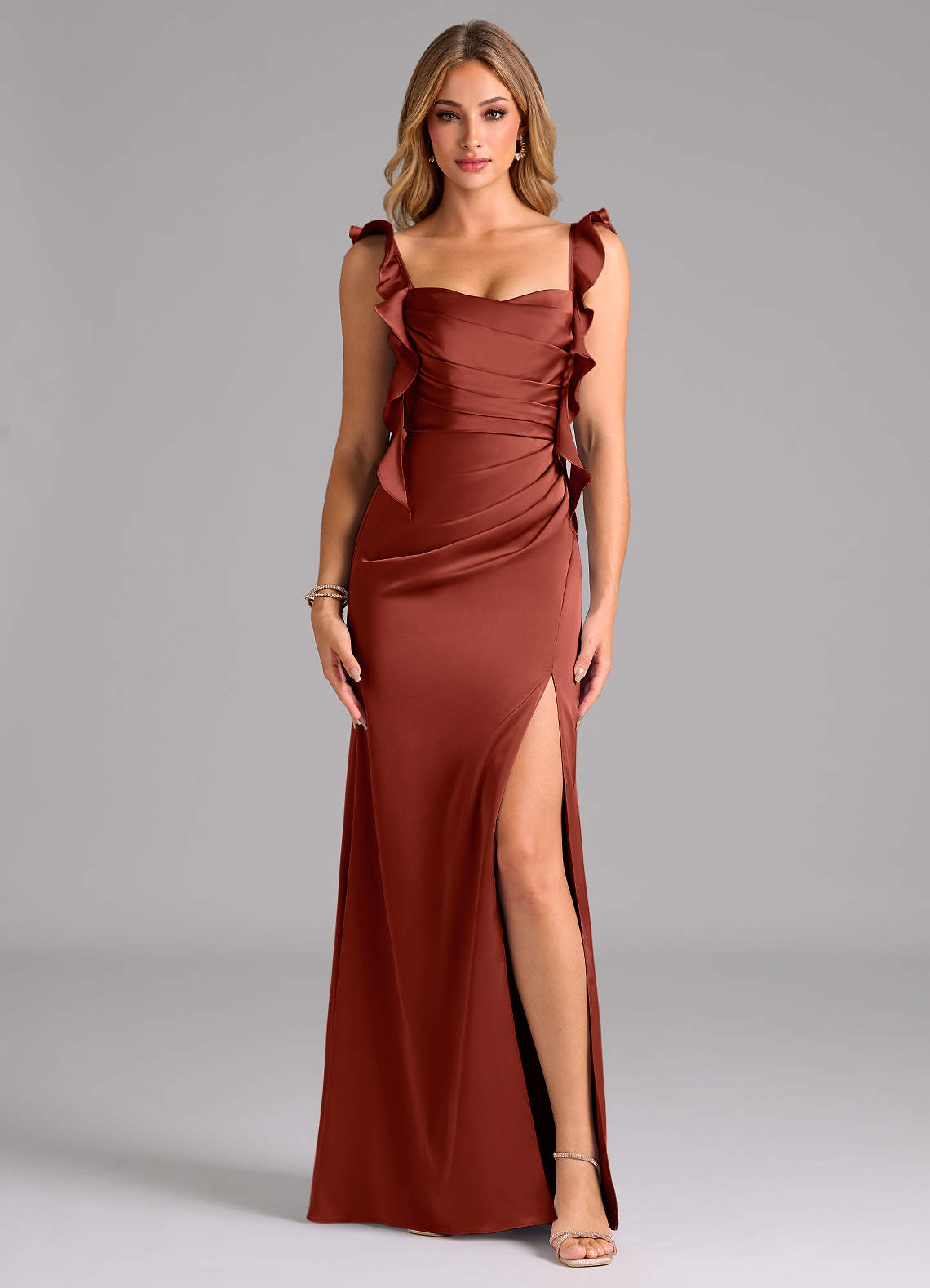 Azazie Jessamine Robes de demoiselle d'honneur Robe Fourreau en Satin extensible Corset Terracotta image2