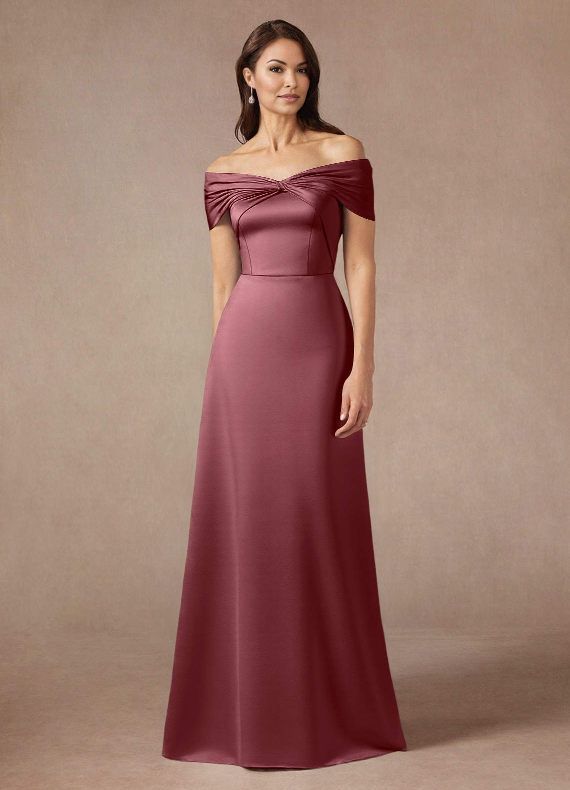 Azazie Amelia Mother of the Bride Dresses Desert Rose A-Line Off the Shoulder Stretch Satin Dress image1