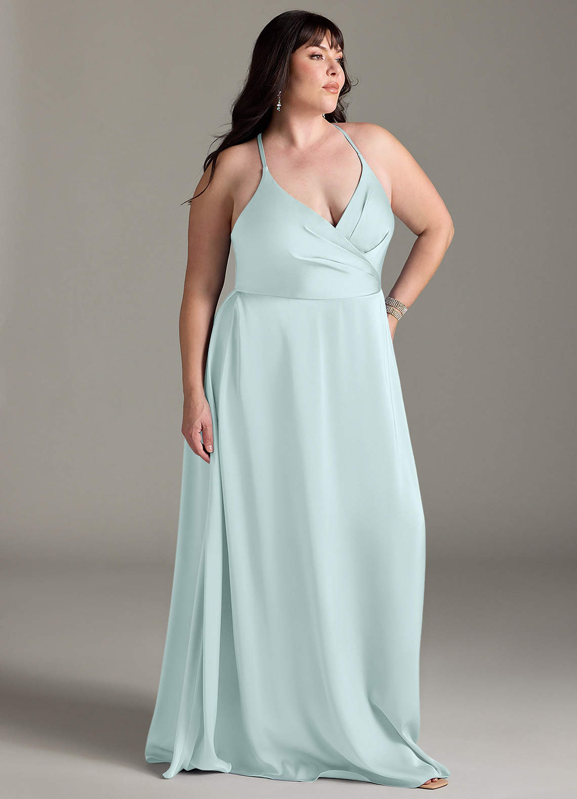 Azazie A-Line V-Neck Floor-Length Stretch Satin Bridesmaid Dresses - Sea Glass