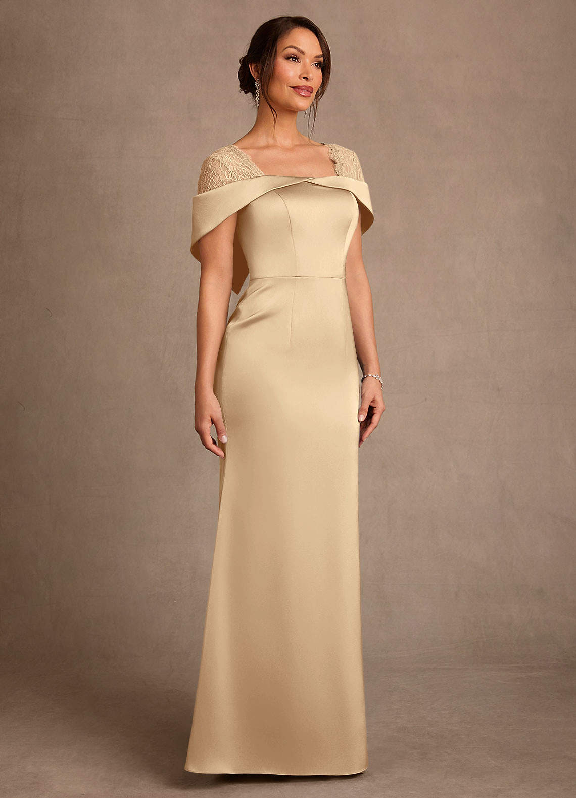 Azazie Henrieta Champagne Sheath Lace Stretch Satin Dress Ready to Ship