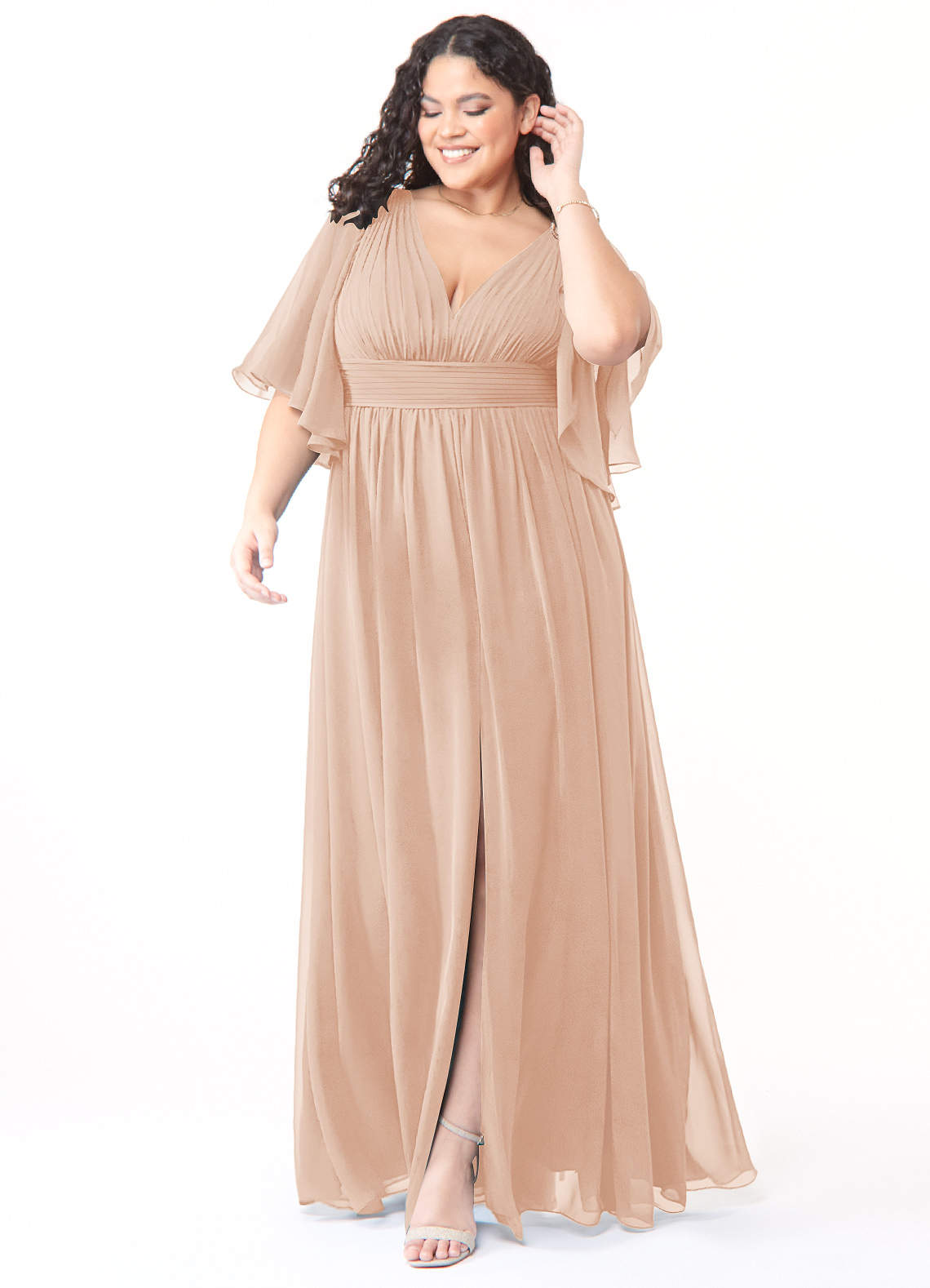 Azazie Temeka Robes de demoiselle d'honneur Robe Trapèze en Mousseline de soie Rayé Rose Perle image1