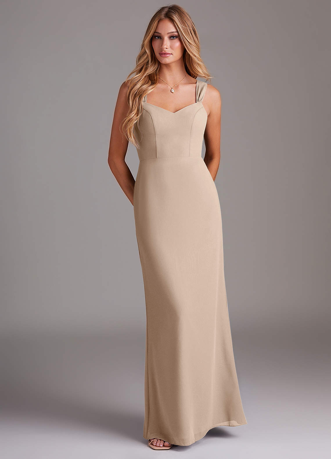 Azazie Denice Bridesmaid Dresses Taupe Sheath Pleated Chiffon Dress image1