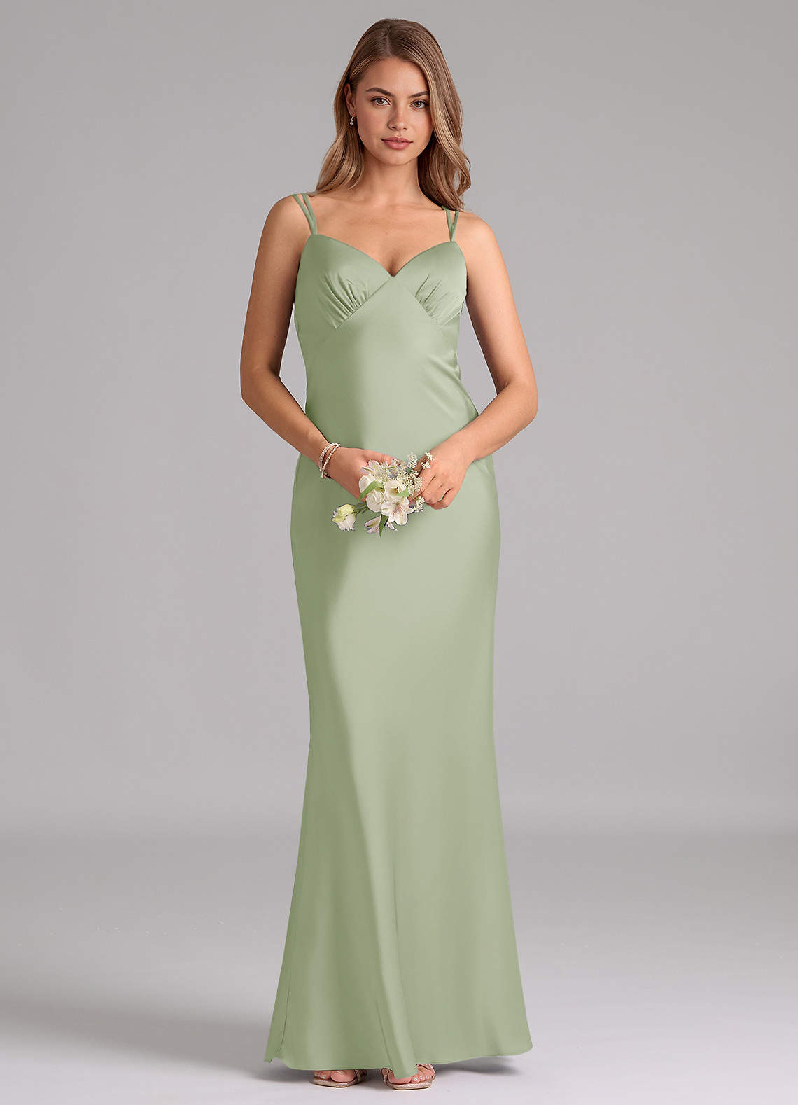 Azazie Suttona Vestidos de damas de honor Vestido de Salvia Polvorienta de Satén Elástico de Corte en A con Plisado image5