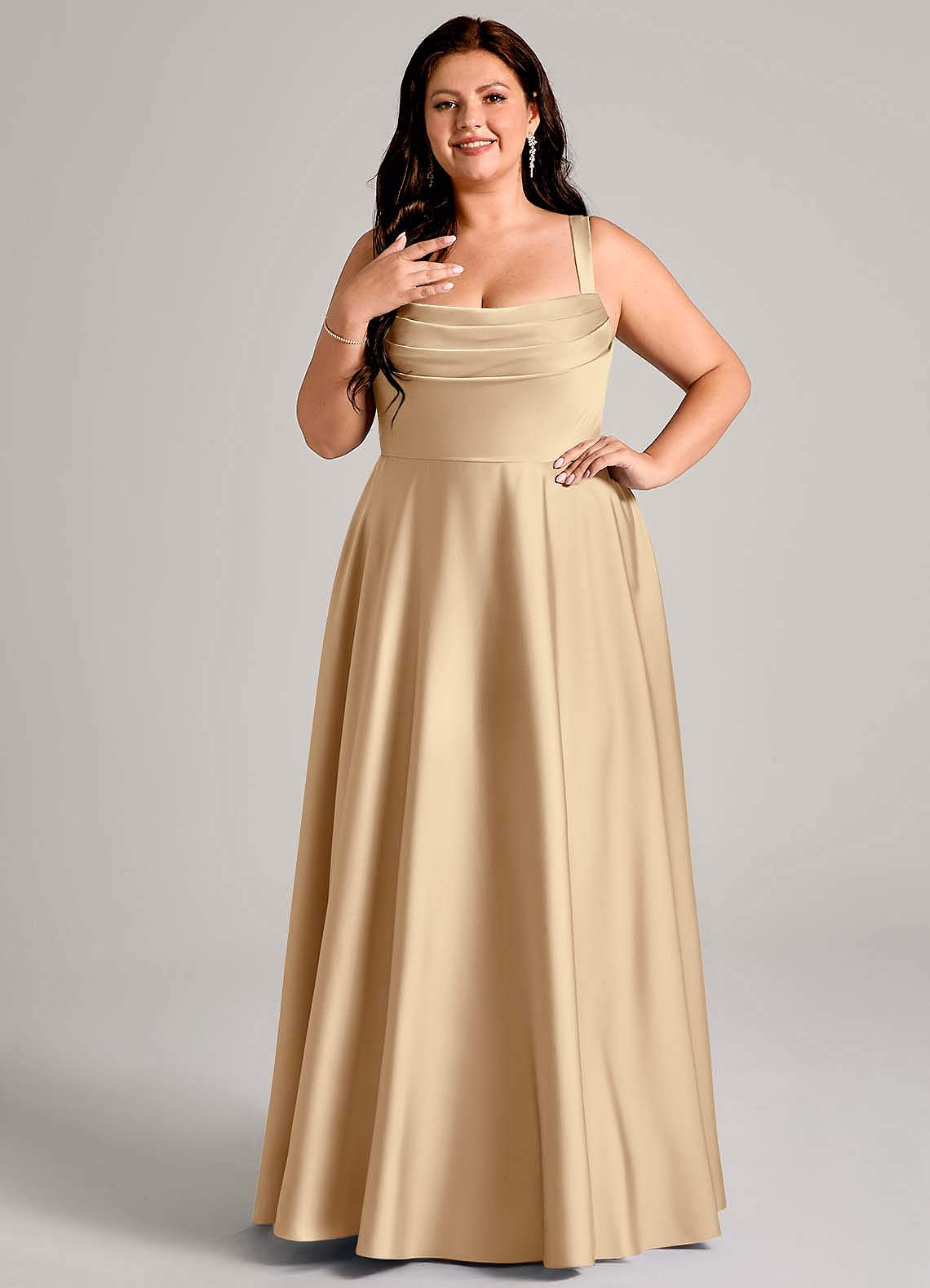 Azazie Shaude Bridesmaid Dresses Champagne A-Line Pleated Stretch Satin Dress image1