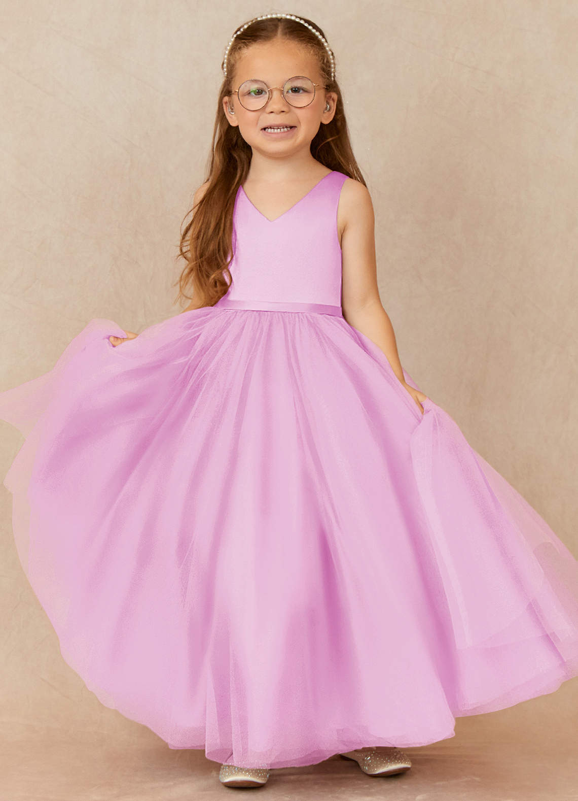 Azazie Marybell vestidos de niña de las flores Vestido de Rosa Caramelo de Tul de Corte En A con Lazo image1