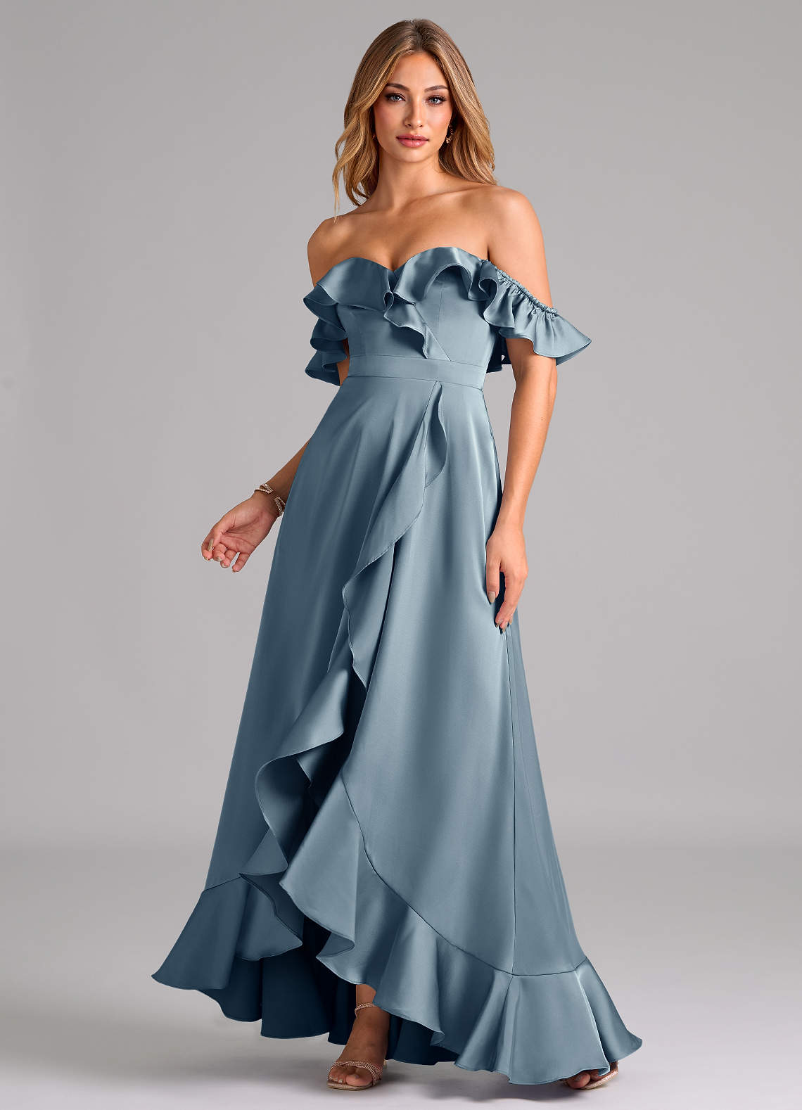 Azazie Lyra Bridesmaid Dresses Dusty Blue A-Line Off the Shoulder Stretch Satin Convertible Dress image1