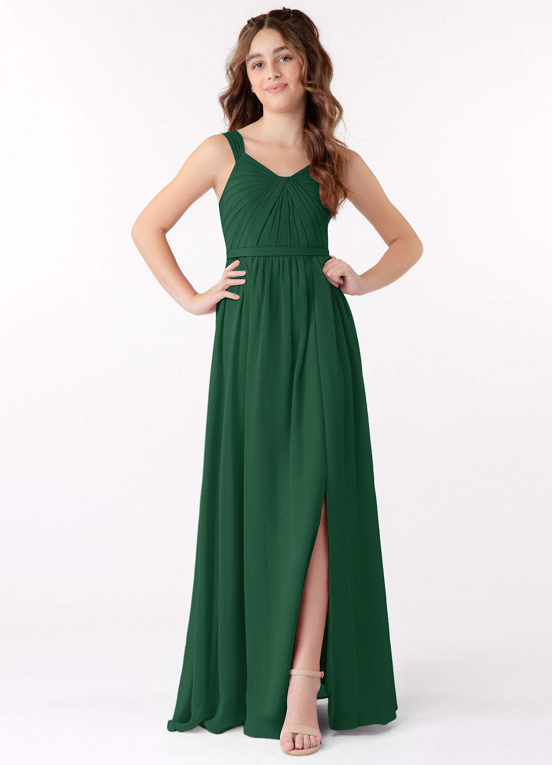 Azazie Evie Junior Dark Green A-Line Pleated Chiffon Dress image1