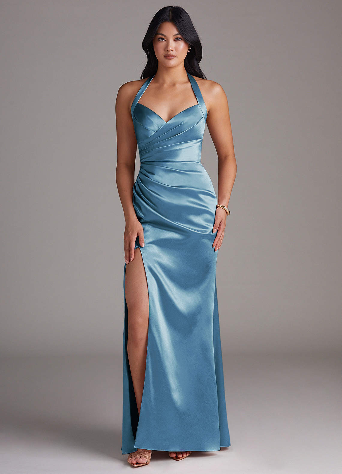 Azazie Emeria Bridesmaid Dresses Steel Blue Sheath Side Slit Metallic Satin Dress image1