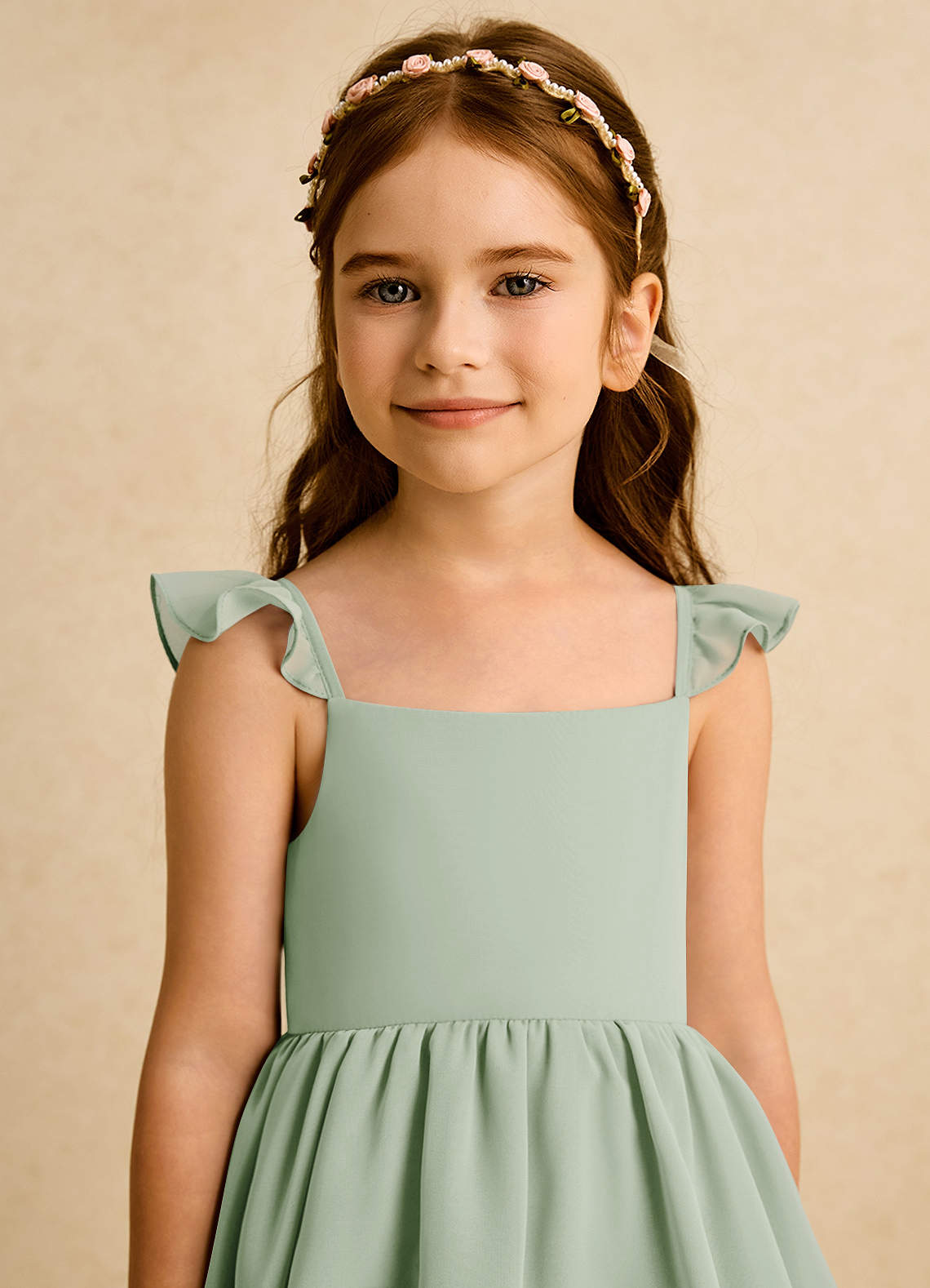 Azazie Boba Flower Girl Dresses Dusty Sage A-Line Square Neckline Chiffon Dress image7