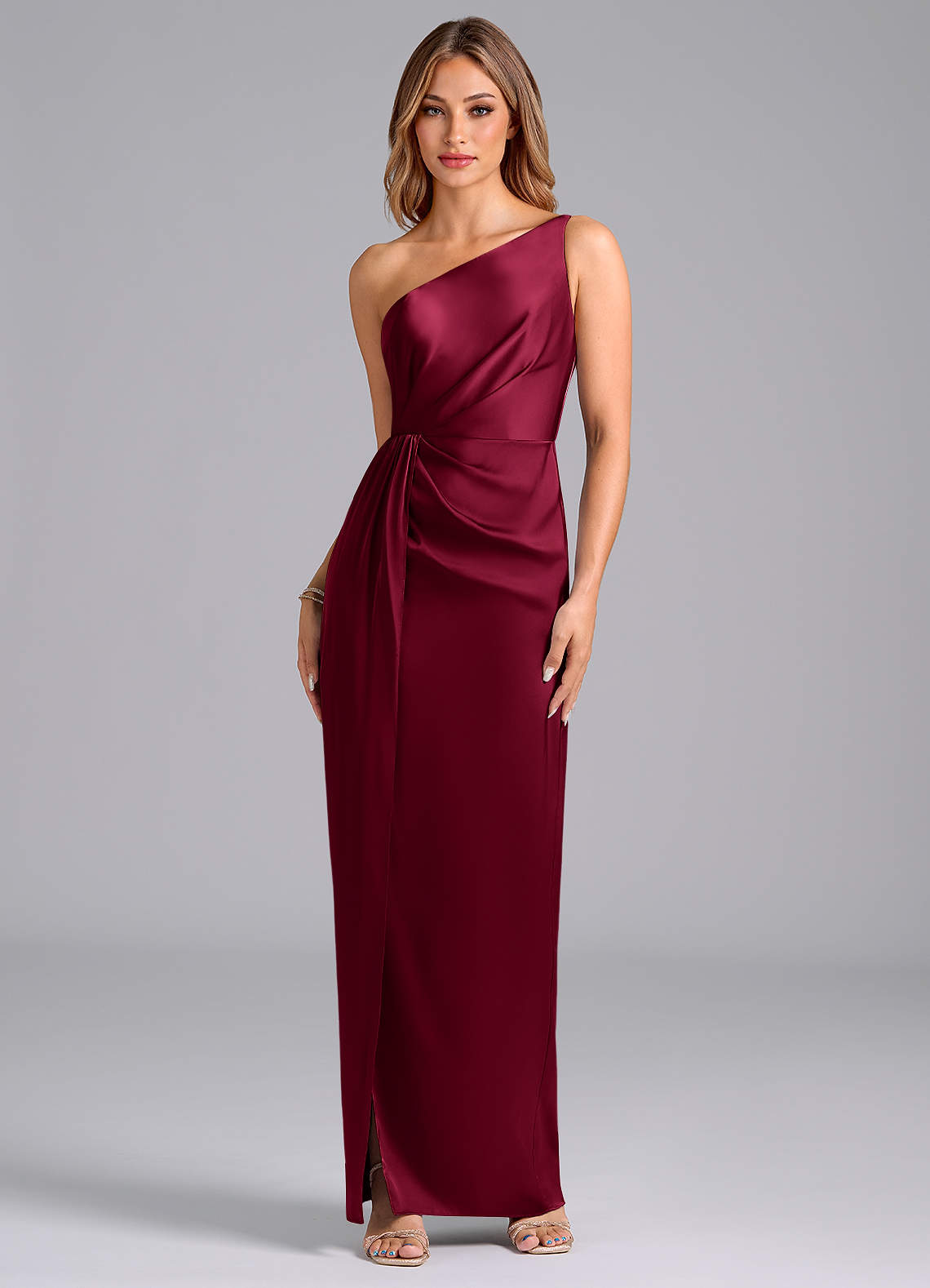 Azazie Naria Jurken voor bruidsmeisjes Jurk van Stretch Satijn met Kolom One-Shoulder Bourgondië image1