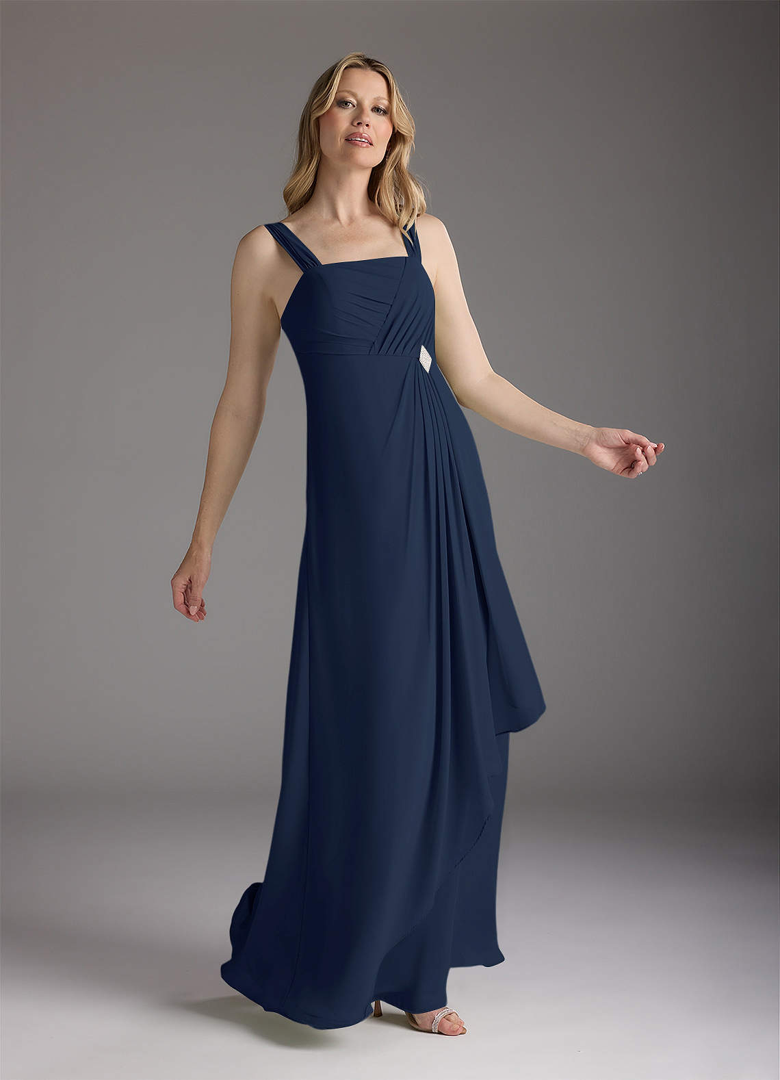 Azazie Weisz Dark Navy A-Line Square Neckline Pleated Chiffon