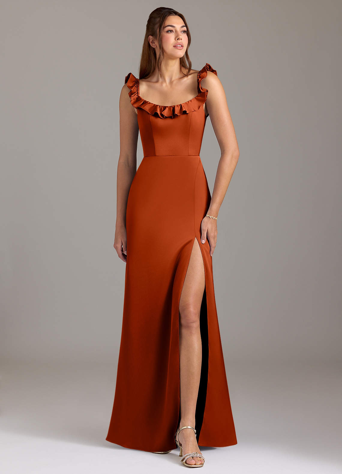 Azazie Callie Bridesmaid Dresses Paprika A-Line Ruched Stretch Satin Convertible Dress image1