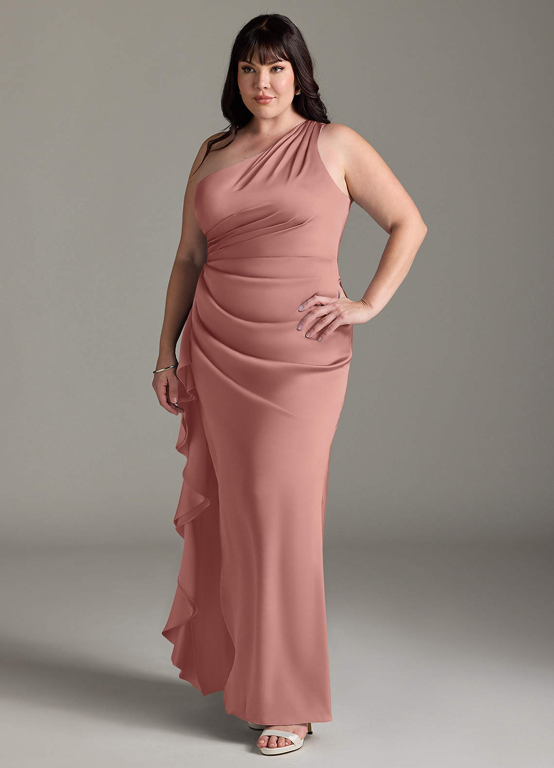 Azazie Latrice Bridesmaid Dresses Rosette Sheath One Shoulder Cascading Ruffles Stretch Satin Dress image9
