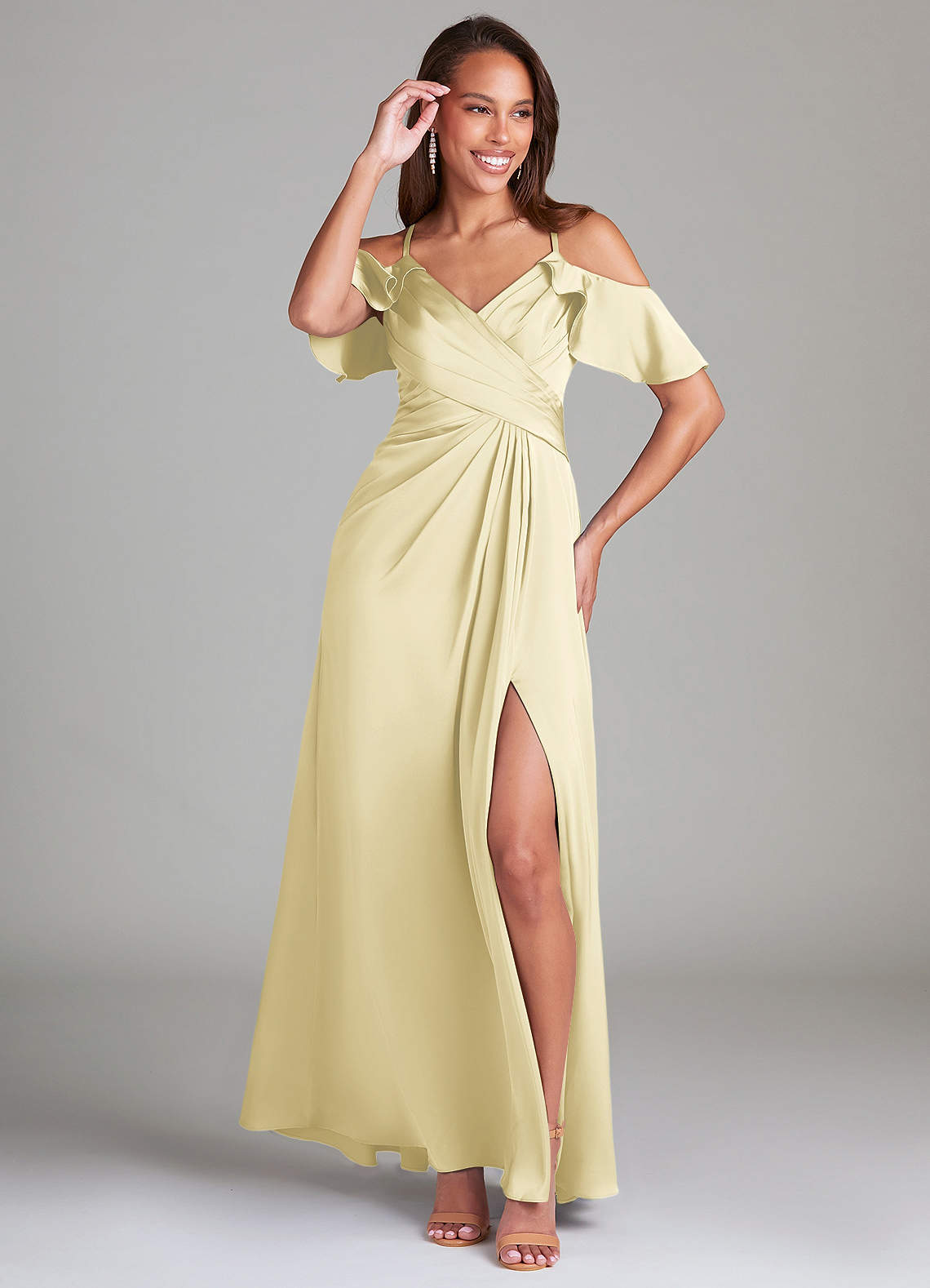 Azazie Dakota At-home Try On Dresses Emerald A-Line Off the Shoulder Stretch Satin Dress image3