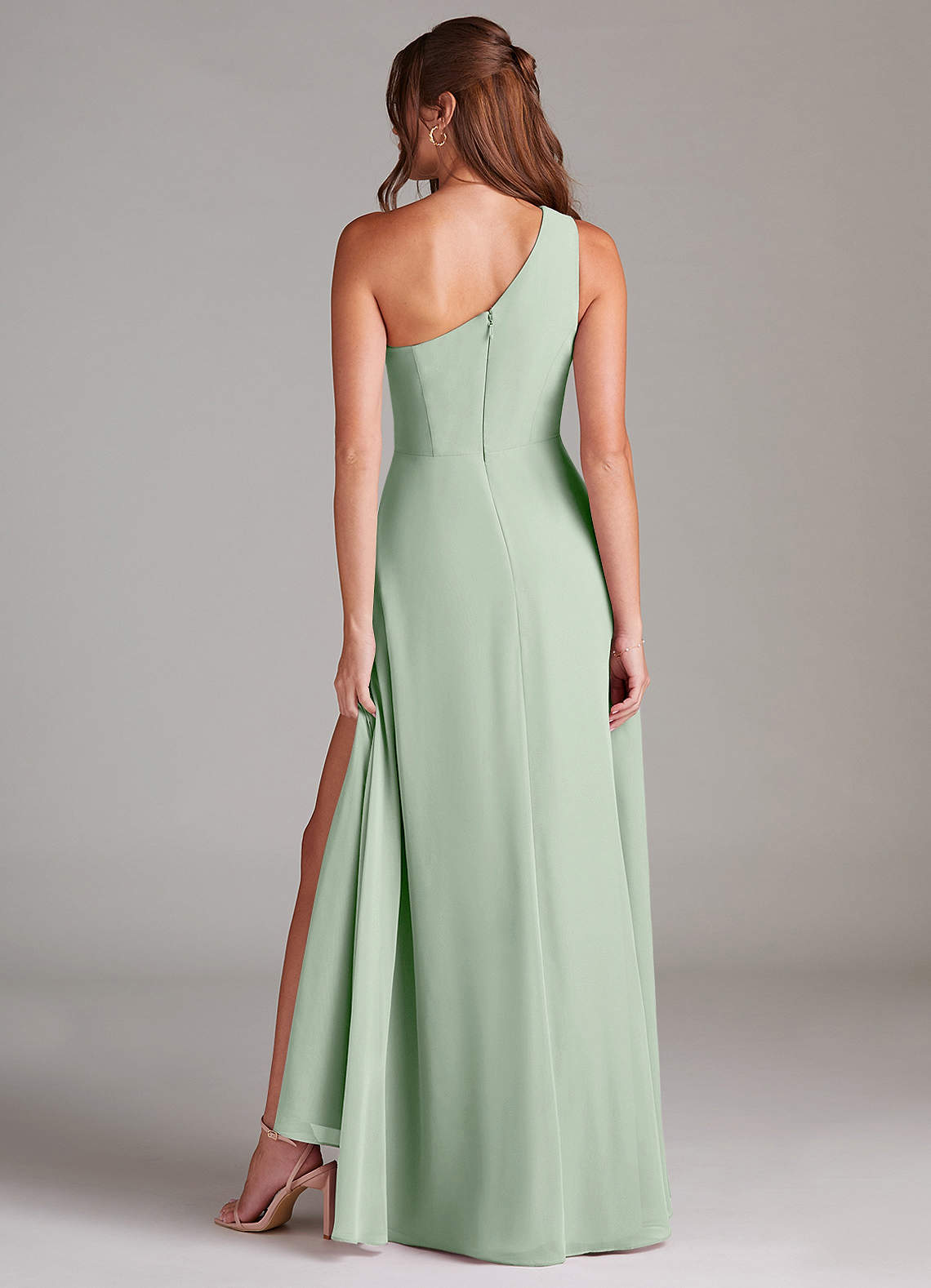 Azazie Brooke Bridesmaid Dresses Agave A-Line One Shoulder Chiffon Dress image6