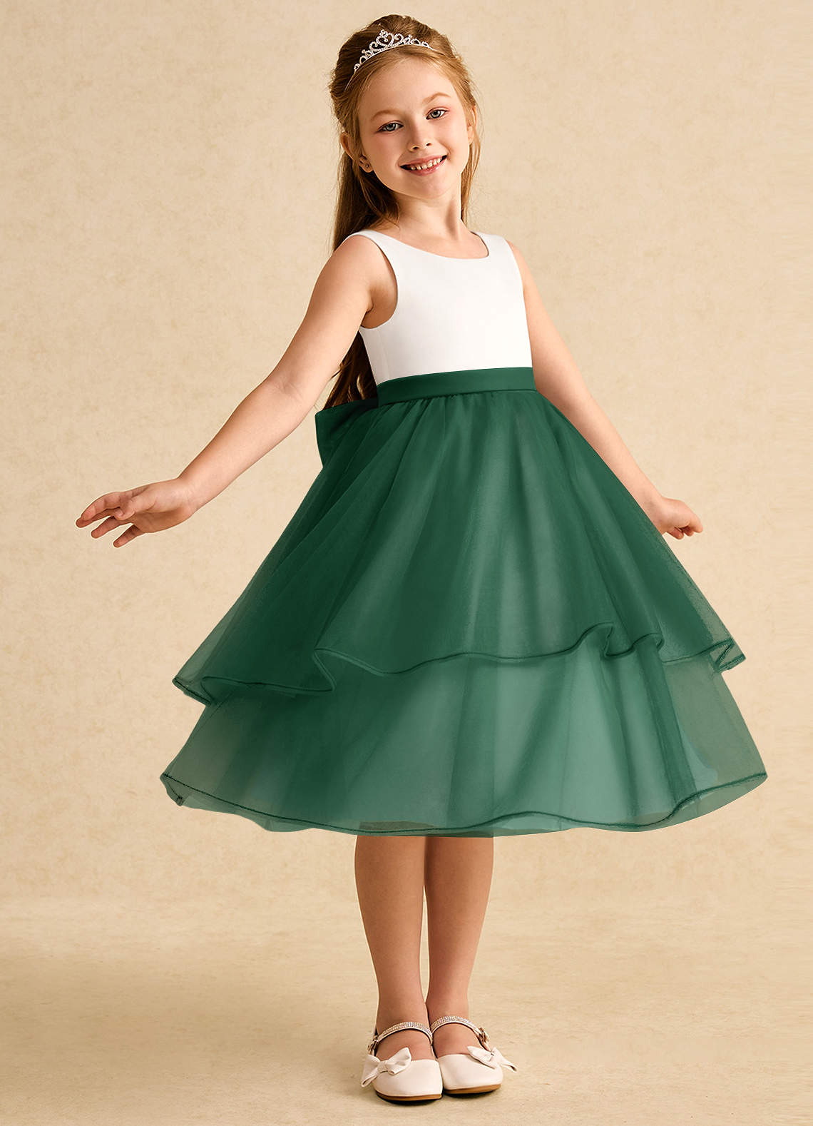Azazie Rene Ivory Dark Green A-Line Bow Tulle Dress | Azazie