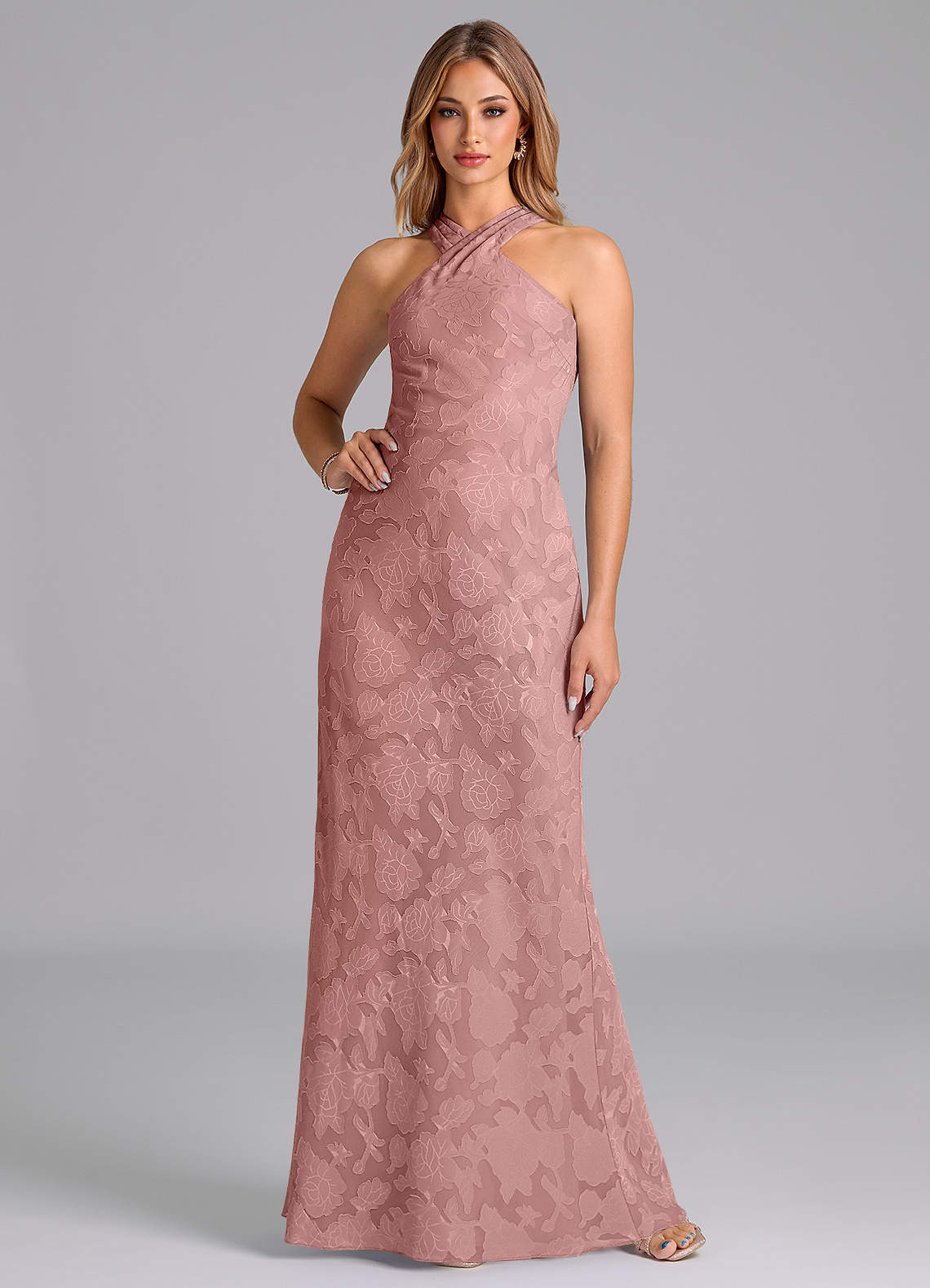 Azazie Doretta Bridesmaid Dresses Dusty Rose Mermaid Pleated Floral Burnout Dress image1