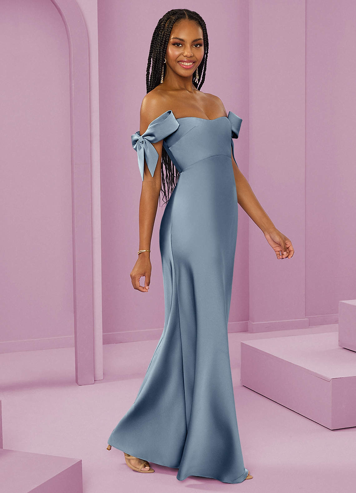 Barbie ♥ Azazie Bridesmaid Dresses Dusty Blue Sheath Off the Shoulder Stretch Satin Convertible Dress image1