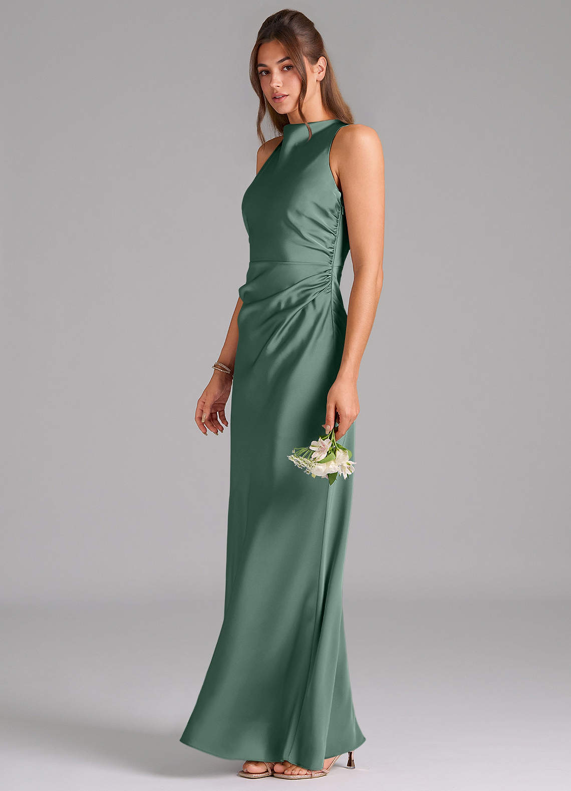 Azazie Evadne Bridesmaid Dresses Eucalyptus A-Line Pleated Stretch Satin Dress image1