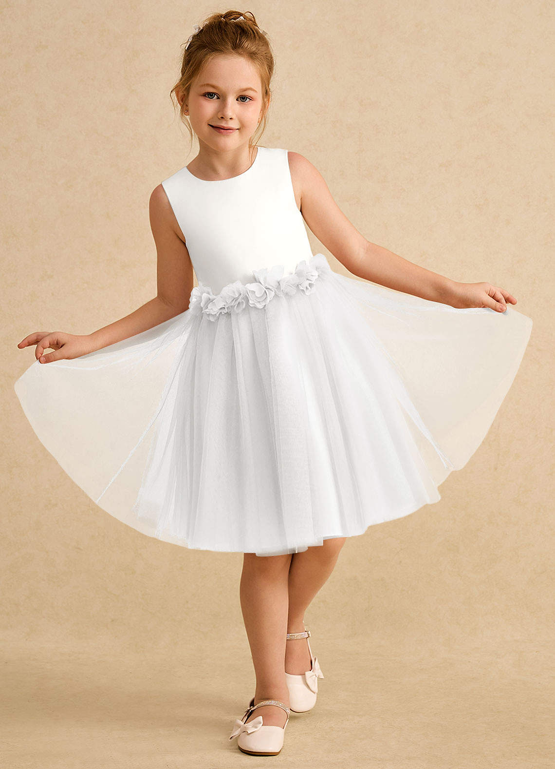 Azazie Louisa vestidos de niña de las flores Vestido de Marfil Blanco de Tul de Corte en A con Sin mangas image3