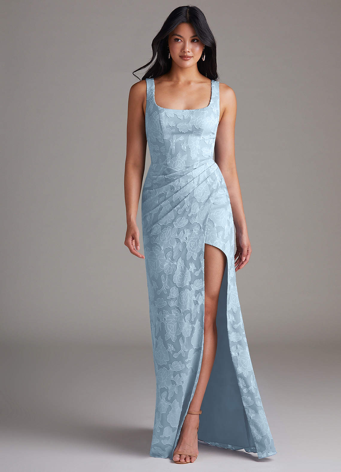 Azazie Mero Bridesmaid Dresses Sky Blue Sheath Pleated Floral Burnout Dress image3