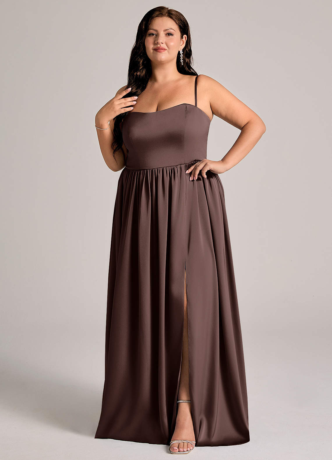 Azazie Calianna Bridesmaid Dresses Ganache A-Line Off the Shoulder Stretch Satin Convertible Dress image8