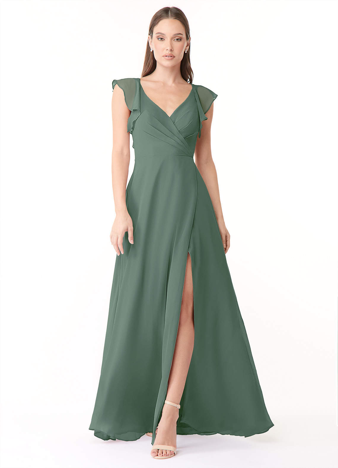 Azazie Yoko Bridesmaid Dresses Eucalyptus A-Line Ruched Chiffon Dress image1