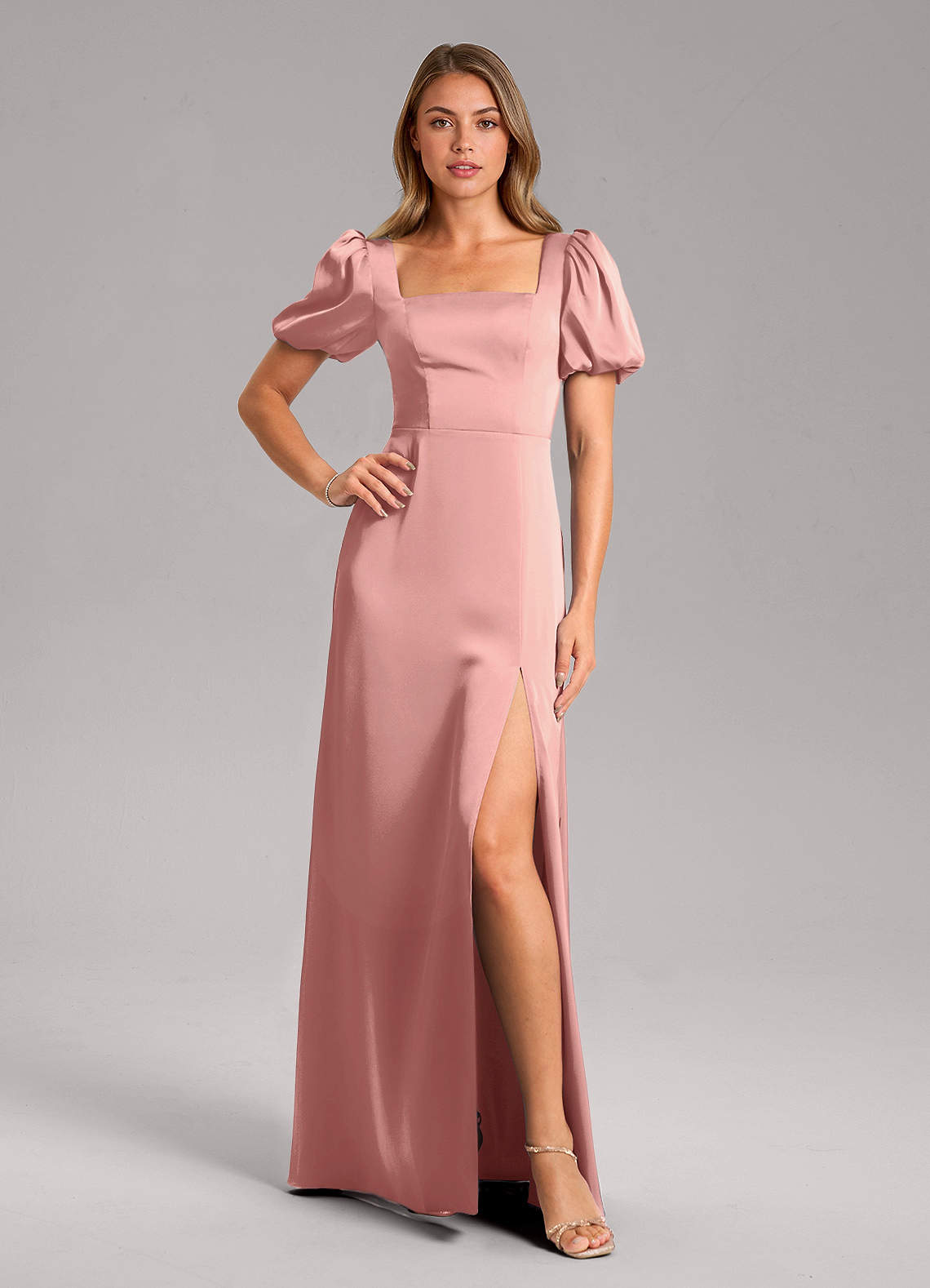 Azazie Fyona Bridesmaid Dresses Rosette A-Line Pleated Stretch Satin Dress image1