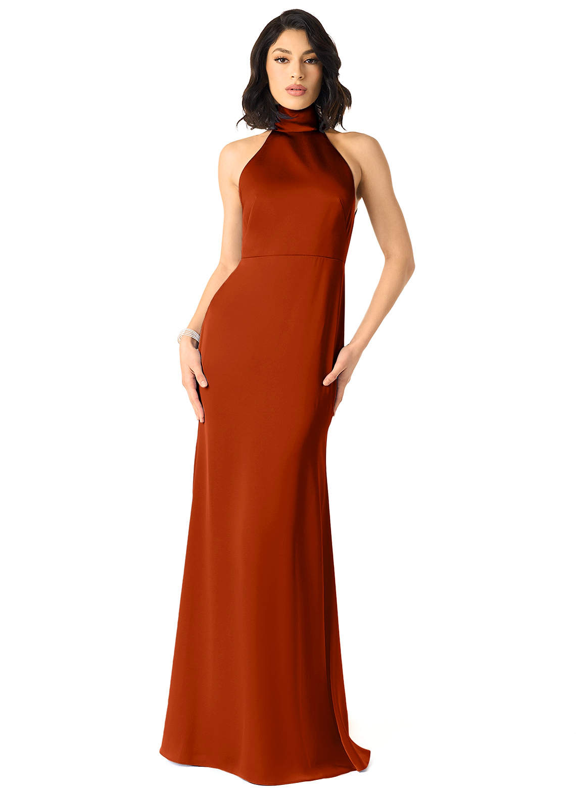Azazie x Delaney Bridesmaid Dresses Paprika Sheath High Neck Stretch Satin Dress image1
