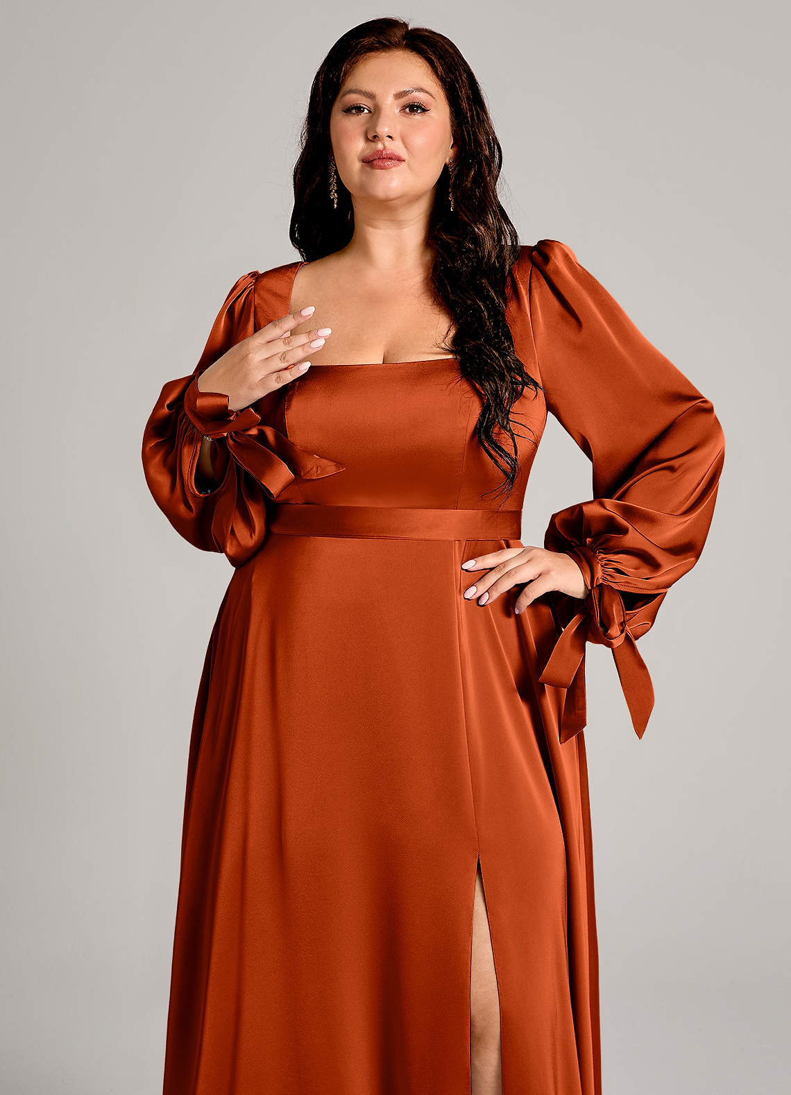 Azazie Leonia Bridesmaid Dresses Paprika A-Line Long Sleeve Stretch Satin Dress image8