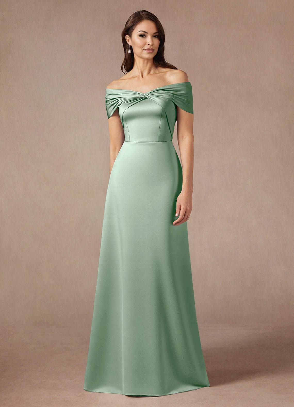Azazie Amelia Mother of the Bride Dresses Agave A-Line Off the Shoulder Stretch Satin Dress image1