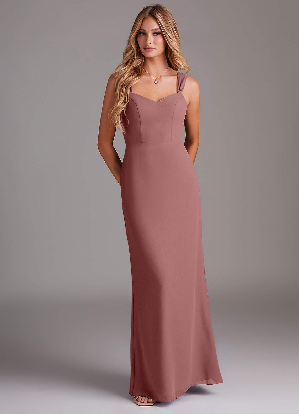 Azazie Denice Bridesmaid Dresses Desert Rose Sheath Pleated Chiffon Dress image1