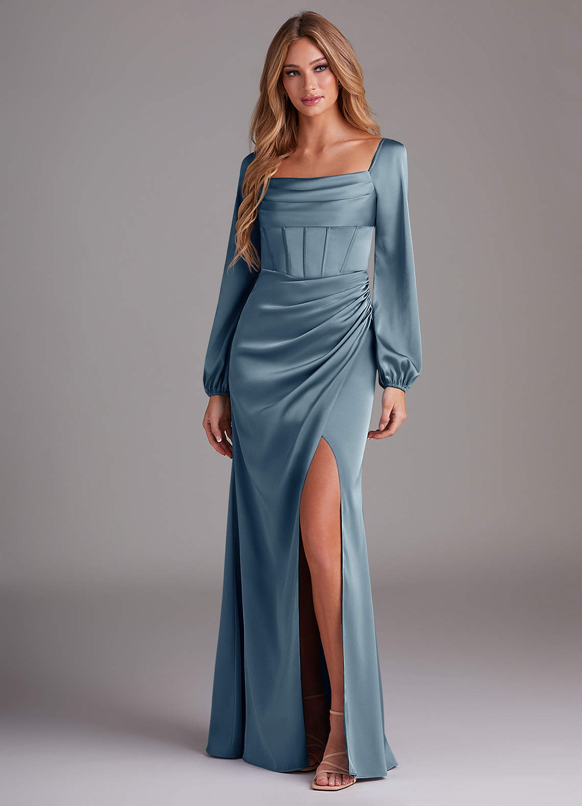 Azazie Charissa At-home Try On Dresses Dusty Blue Sheath Long Sleeve Stretch Satin Dress image3
