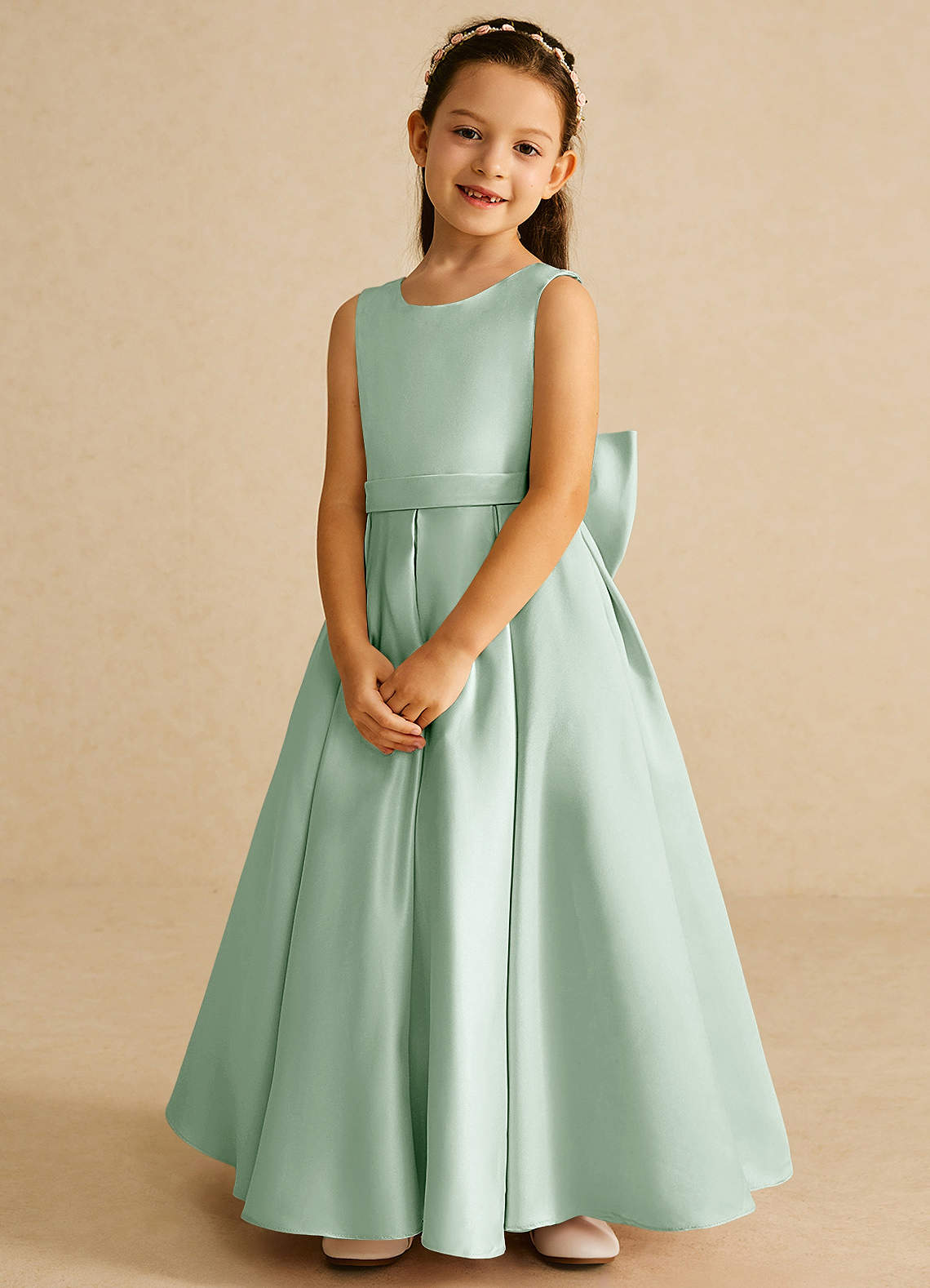 Azazie Pipsy Flower Girl Dresses Agave A-Line Bow Matte Satin Dress image3