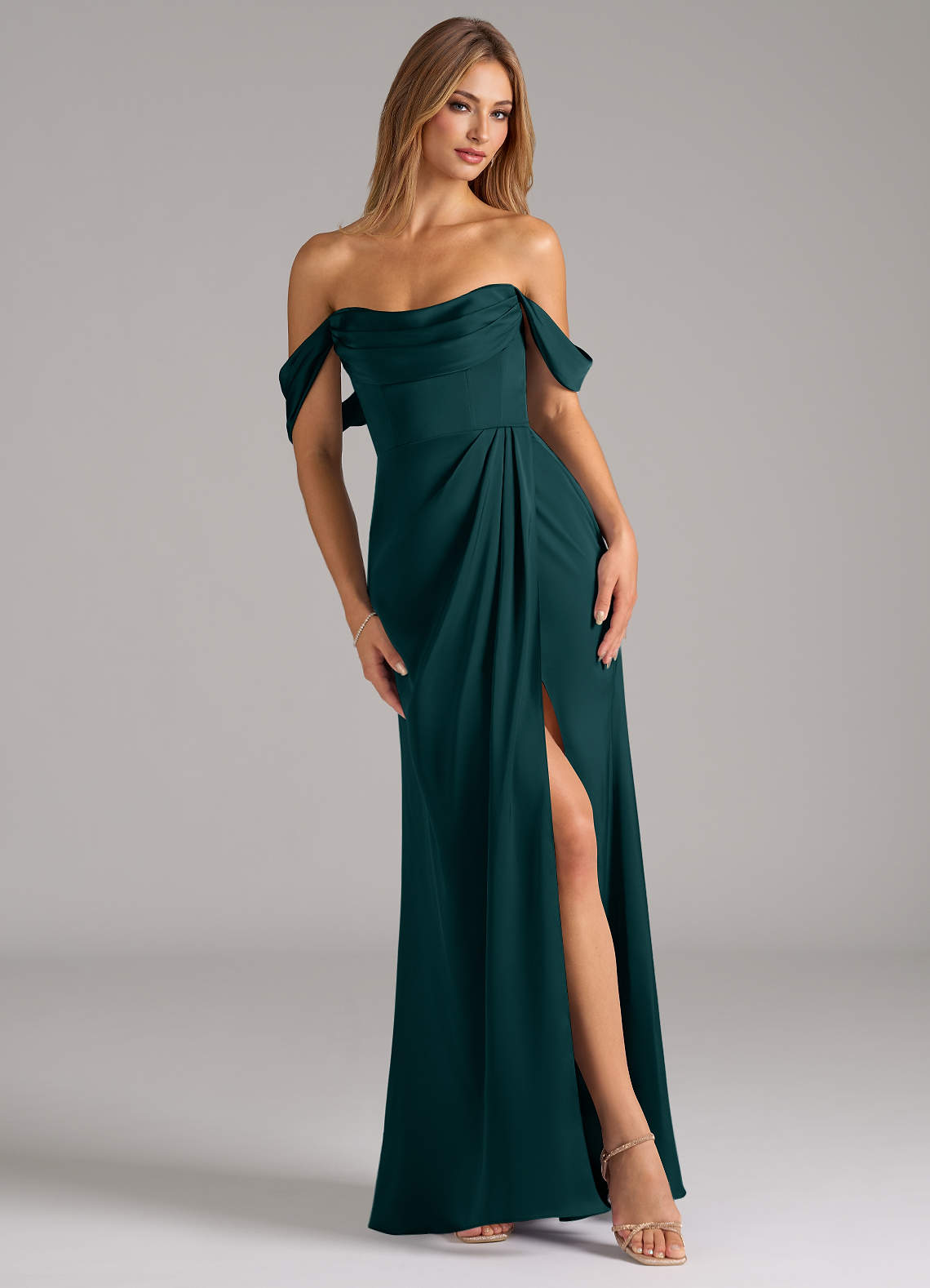Azazie Johana Brautjungfernkleider Wandelbar Meerjungfrau-Linie Schulterfrei Stretch-Satin Kleid Kiefer image1