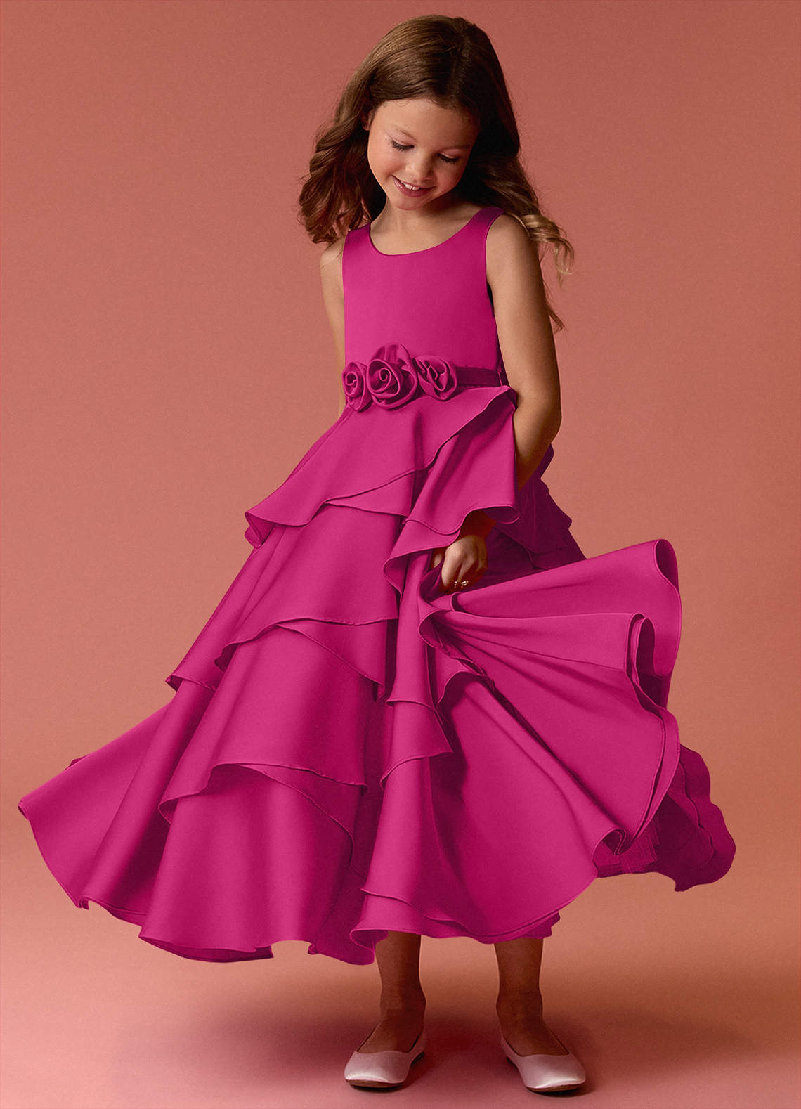 Barbie ♥ Azazie Flower Girl Dresses Scoop Floral Belt Tier Stretch Satin A-Line Dress image5