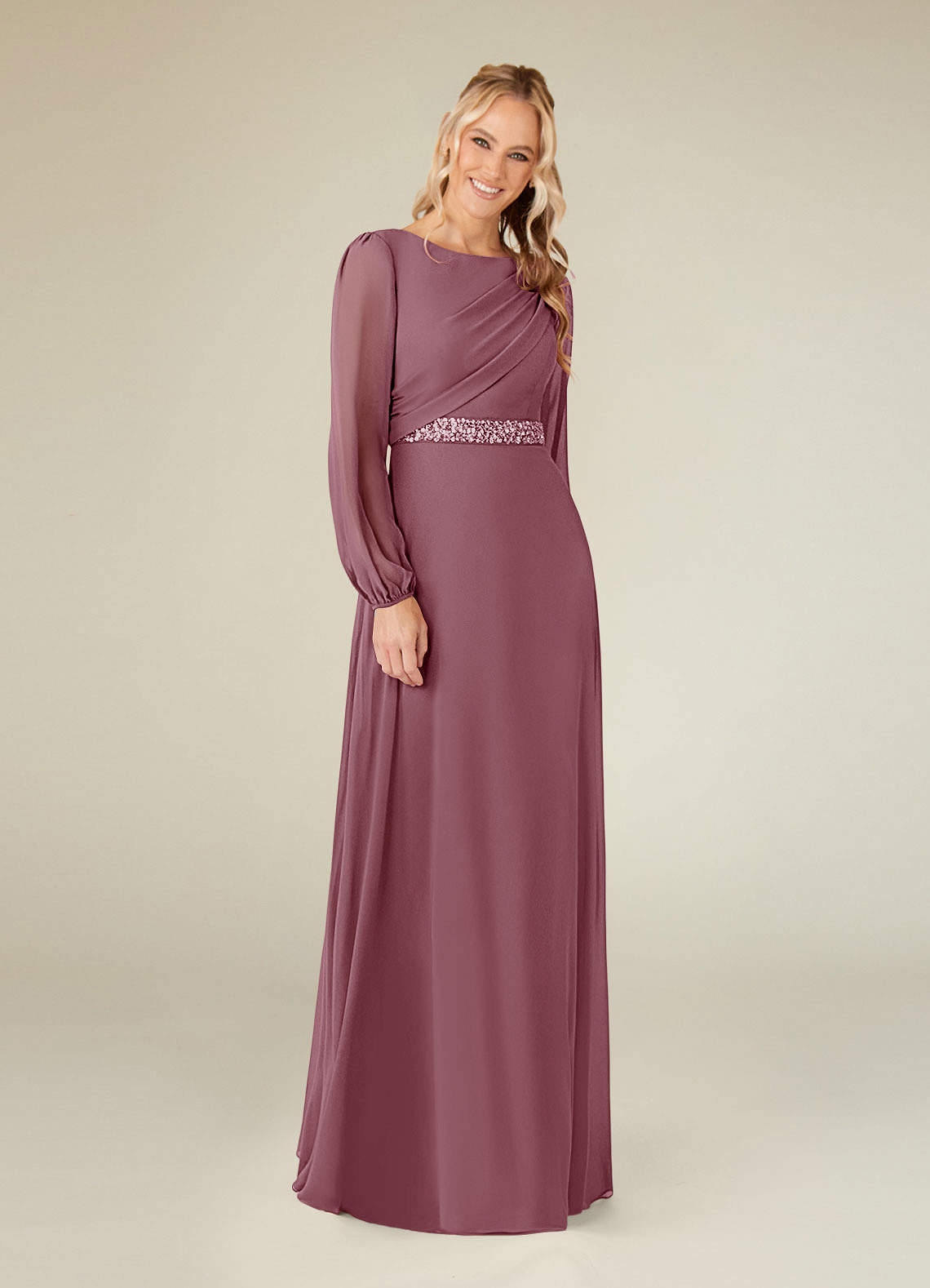 Azazie Priyanka Vintage Mauve A-Line Boatneck Pleated Chiffon Dress |  Azazie DE