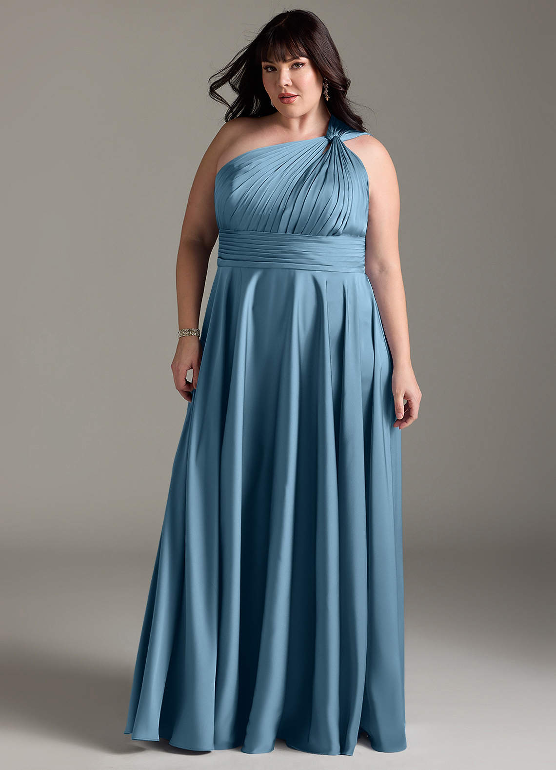 Azazie Charlize Vestidos de damas de honor Vestido de Azul Acero de Satén Elástico de Corte en A con Hombro unilateral image12