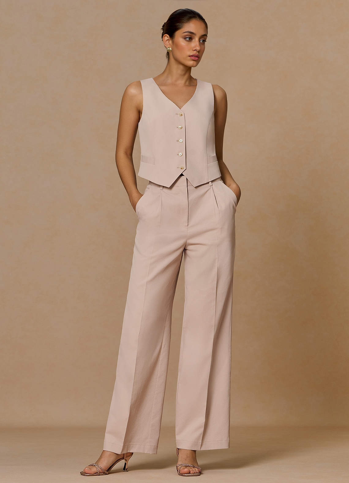 front Margaret Tan Cotton Linen Blend 2-Piece Suit