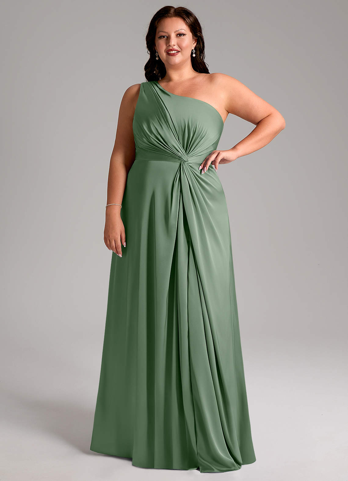 Azazie Brooke Jurken voor bruidsmeisjes Jurk van Stretch Satijn met A-Lijn One-Shoulder Matcha image11