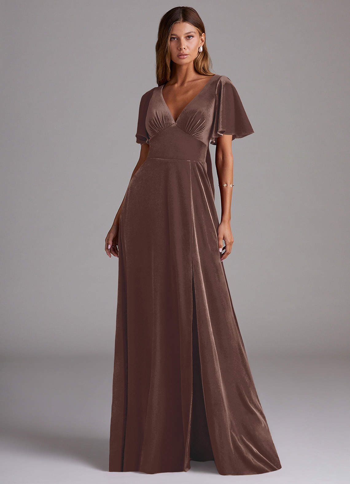 velvet brown bridesmaid dress Azazie Kimber the slit revealing a
